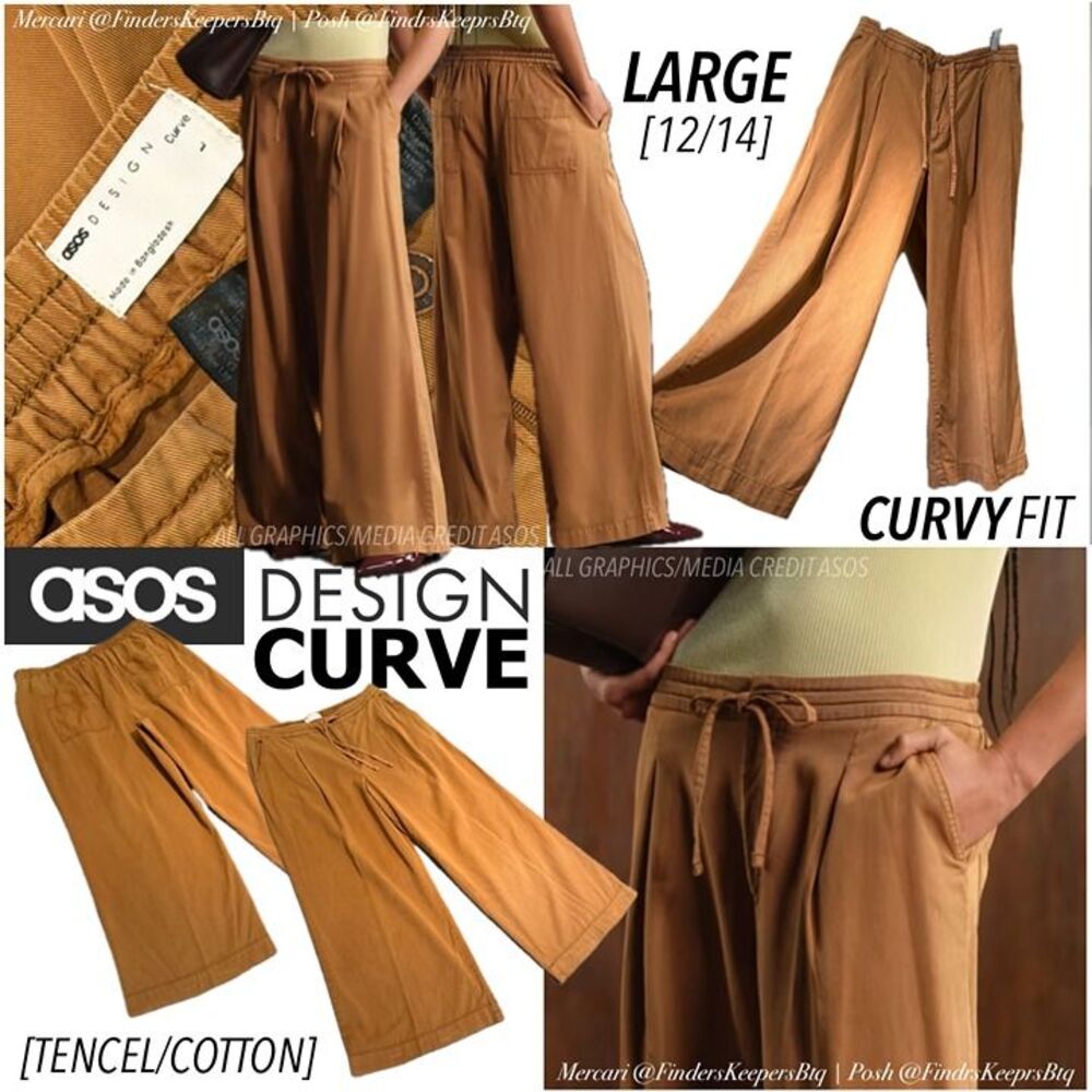 ASOS DESIGN Curve Drapey Wide Leg Elastic Waist Drawstring Pants Camel Tencel L